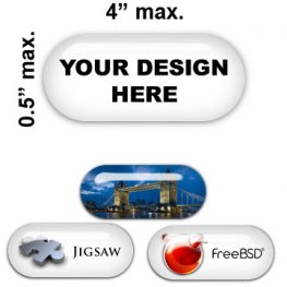 Pill Shaped Domed Badges 0.5" x 4" max.
